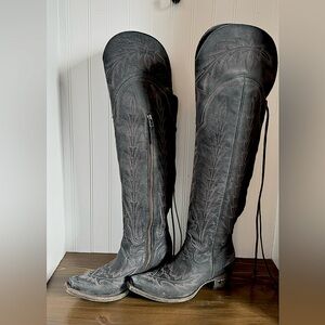 BRAND NEW! Lane Lexington Over The Knee Cowboy Boots - Distressed Jet Black